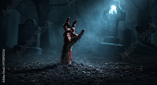 Zombie hand rising from the graveyard soil with eerie light
