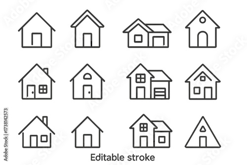 House icons set. Home linear pictograms. Real estate property symbol collection. Simple building outline for web design, app, ui, ux. Architecture, mortgage, rent vector graphic.