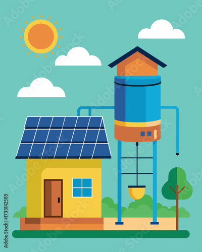 A solarpowered water purifier installed at a local school providing clean drinking water for students and promoting sustainable practices in the community.. Vector illustration