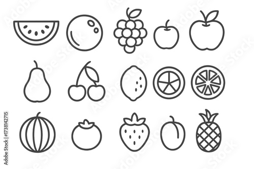 Fruit line icon set. Minimalistic linear pictograms of fresh summer fruits like watermelon, apple, pineapple, and strawberry. Healthy food concept for web, app design. Editable stroke vector.