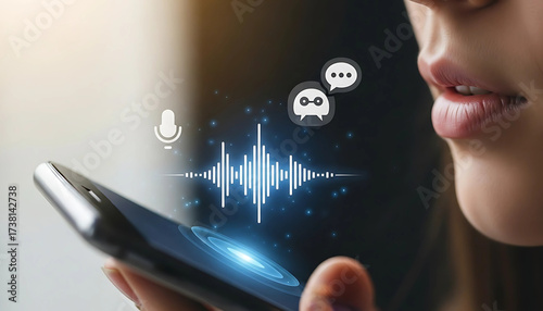 Futuristic concept of voice recognition technology, with a person speaking to a smartphone to control an AI virtual assistant