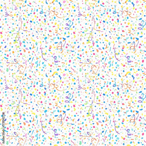 Seamless pattern of colorful confetti and streamers on white background