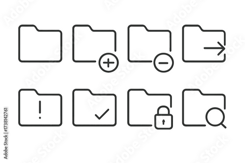Folder icon set. Simple linear pictograms for computer data management. Editable stroke. Symbols for add, delete, search, lock, alert, and approved files for app UI design.