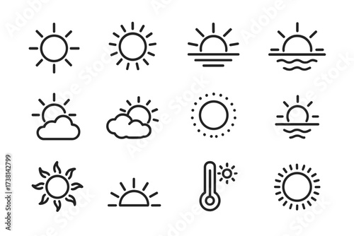 Sun line icon set. Weather forecast outline symbols. Sunny, heat, temperature, sunrise, sunset vector icons. Editable stroke for UI, UX, web, and app design. Minimal linear pictogram collection.