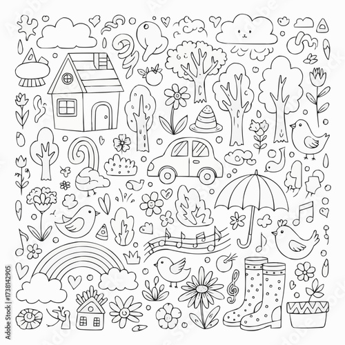 Cute doodle elements for spring and summer with a whimsical feel