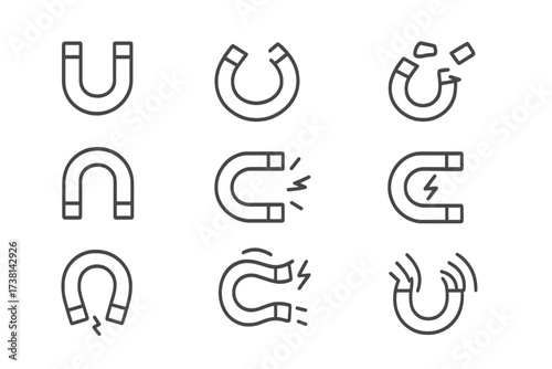Magnet icon set simple linear pictogram. Horseshoe magnet vector illustration. Editable stroke. Concept of magnetism, attraction, force, field, physics, science, energy.