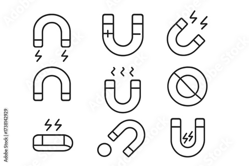 Magnet line icon set. Simple linear pictograms of magnets with editable stroke. Magnetic field, force, attraction, and polarity symbols. Vector cartoon illustration for science.