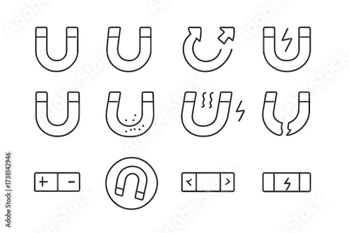 Magnetism icon set. Linear magnet symbols. Horseshoe and bar magnets with magnetic field, power, attraction force, and polarity. Physics science concept. Editable stroke vector.