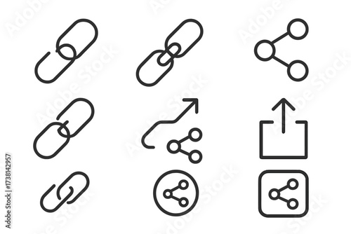 Simple linear icon set of link and share symbols. Editable stroke pictogram collection for web design, apps, and UI. Vector connection, upload, and network interface buttons.