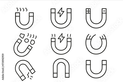 Magnet icon set simple linear pictogram. Horseshoe magnetic field, power, attraction concept. Editable stroke vector illustration for web, app design. Minimal line art symbols.