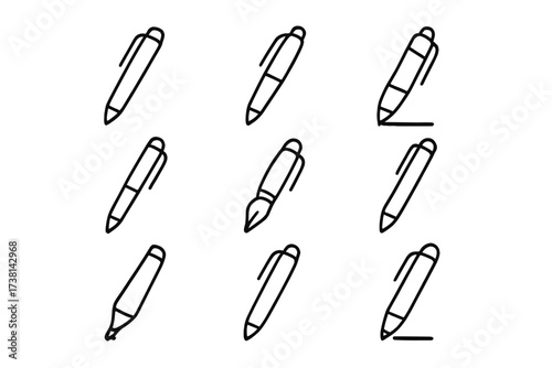 Vector pen and marker line icon set. Minimalist symbols for writing, drawing, and signing. Editable stroke pictograms for design, apps, and office concepts. Simple cartoon illustration.