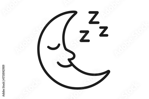 Sleeping crescent moon character simple linear icon. Vector cartoon illustration for websites and apps. Sleepy face emoji for bedtime, night, and dream concepts. Weather symbol.