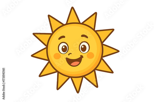 Cute sun character vector illustration. Happy smiling cartoon mascot for kids. Summer sunshine weather icon. Cheerful morning sunlight symbol. Isolated flat design element.