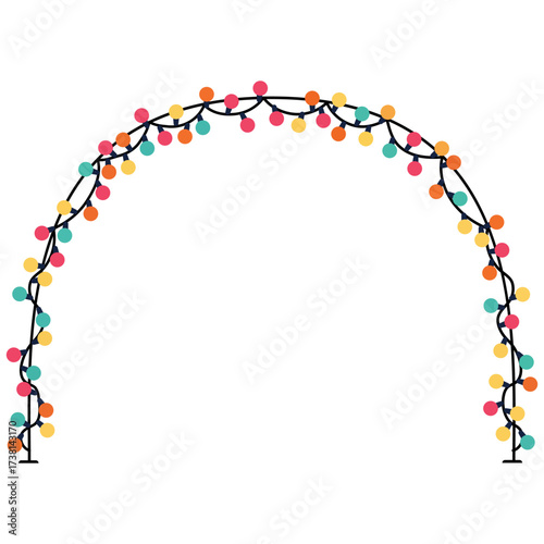 Bright string light arch with colorful bulbs. Festive decoration for celebration, party, Christmas, holiday entertainment, and event design.