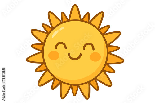 Cute smiling sun character. Kawaii sun mascot for kids. Vector cartoon illustration isolated. Happy sunshine face for summer design, weather icon, baby shower, sticker, logo.