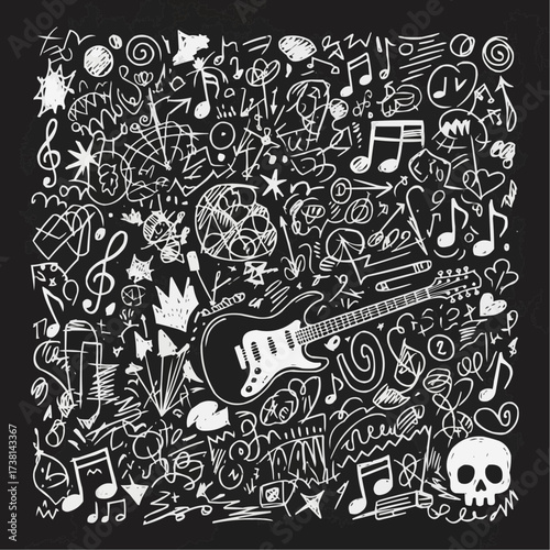 Doodle art of an electric guitar surrounded by musical notes and symbols