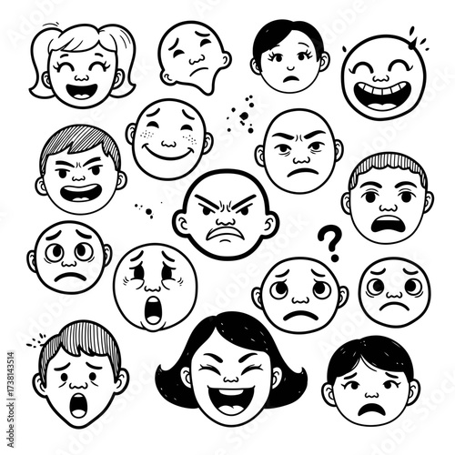 A captivating collection of hand-drawn human faces, each portraying a distinct emotion, from joy and laughter to sadness, anger, and confusion, in a doodle style.