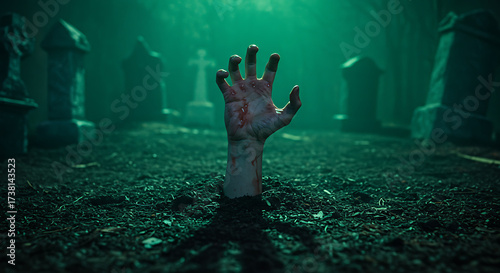 Zombie hand rising from the graveyard soil with eerie light
