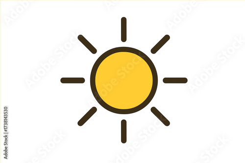 Simple sun icon vector for weather app or web design. Flat sunshine graphic symbol. Sunny weather forecast sign. Summer sunlight concept. Isolated cartoon illustration element.
