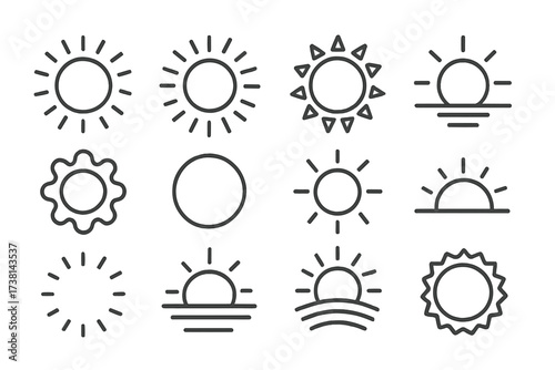 Sun line icon set. Modern minimal vector collection for web design, apps, and UI. Includes sunrise, sunset, sunshine, and weather symbols. Simple outline graphic elements.