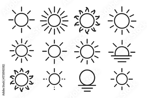 Sun line icon collection. Simple sun outline symbols. Vector sunshine pictogram set for web, app design. Summer weather forecast element. Sunrise, sunset logo concept. Light rays.