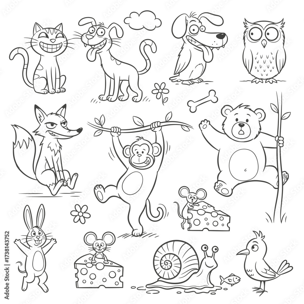 Obraz premium This delightful collection of hand-drawn cartoon animal outlines, perfect for children's coloring books, features a variety of cute creatures in playful poses.