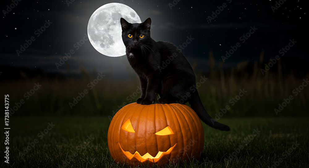 Fototapeta premium Black cat with glowing eyes sitting on pumpkin under moonlight 