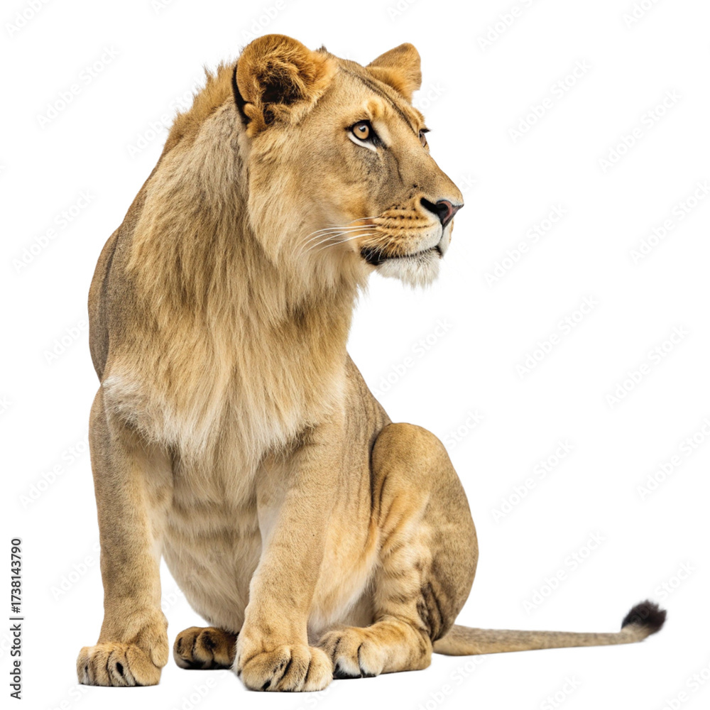 Obraz premium Majestic lion cub sitting and looking thoughtfully to the side, a symbol of strength and resilience, perfect for wildlife conservation campaigns 