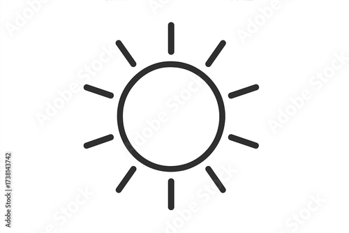 Sun line icon vector symbol. Simple outline pictogram of sunshine for weather app or website. Minimalistic solar energy logo. Summer sunlight graphic element. Isolated on white.