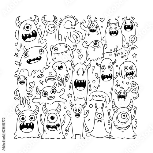 A whimsical collection of cute, hand-drawn cartoon monsters with various expressions and features, perfect for playful designs and imaginative projects.