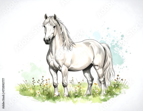 White horse in a field of flowers