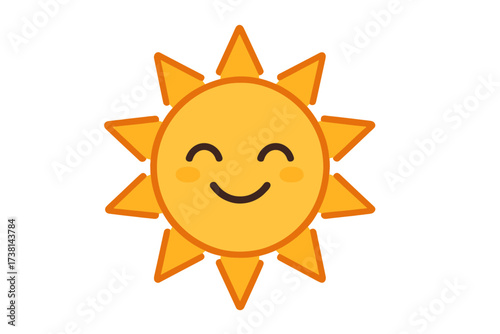 Cute smiling sun character. Happy sun face with rosy cheeks. Kawaii cartoon vector illustration for kids. Summer sunshine weather icon. Isolated design element on transparent background.