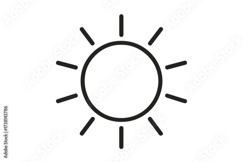 Sun outline icon. Simple vector line symbol for weather forecast on websites and apps. Minimalist sunshine pictogram. Summer sunlight sign. Isolated black graphic element.