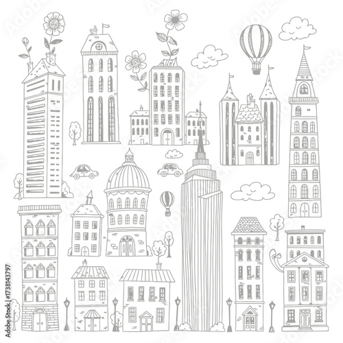 This captivating set features a variety of hand-drawn city buildings, whimsical architectural structures, and urban elements, ideal for design projects.