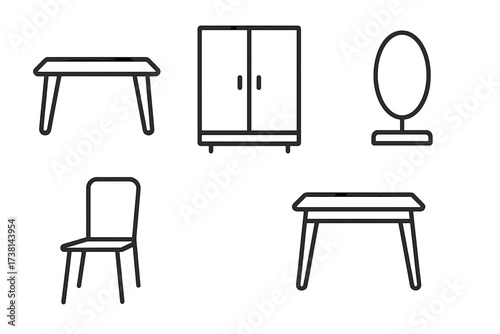 Furniture line icon pack. Editable stroke vector icons of table, chair, wardrobe, and mirror. Minimalist interior design symbols for home or office. Simple outline pictograms.