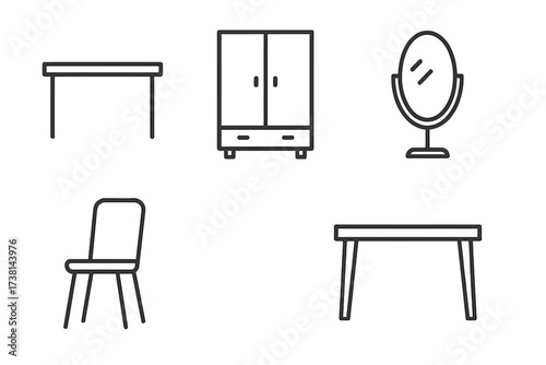 Furniture line icon set. Table, chair, closet, mirror vector icons. Minimalist interior objects pictogram pack. Simple linear outline symbols with editable stroke for web, app design.