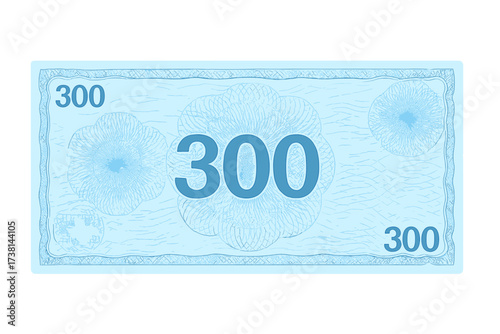 Voucher template banknote design with value of 300. Blue background with secure guilloche pattern, watermarks, and border. For a gift voucher, coupon, certificate, diploma.