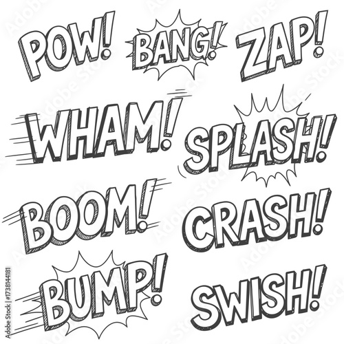 A dynamic collection of hand-drawn comic book sound effects, featuring classic onomatopoeia like POW, BANG, and ZAP, perfect for energetic graphic design.