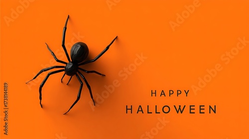 Halloween greeting card with Happy Halloween text spider crawling orange and black minimal vector
