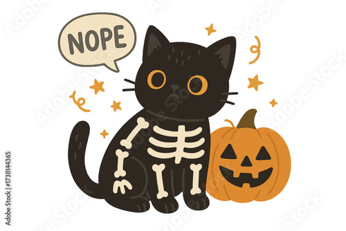 Funny black cat in skeleton costume for Halloween with jack-o'-lantern. Cute grumpy kitten with 'Nope' bubble. Sarcastic cartoon character for party. Hand drawn flat vector illustration.