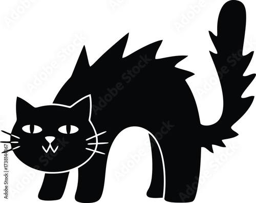 CAT, Flat vector illustration on a white background, An aggressive black cat with an arched back and tail. The silhouette is suitable for Halloween and prints.