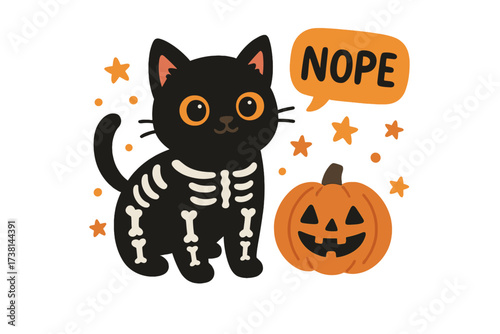 Funny black cat in skeleton costume with pumpkin for Halloween. Grumpy kitten says Nope. Cute cartoon character for party invitation. Hand drawn flat vector illustration.