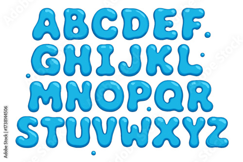 Blue liquid font with bubble letters. Blob alphabet with a plasticine or slime texture. Childish and playful typography design for game headlines, logos, or shiny text effects.