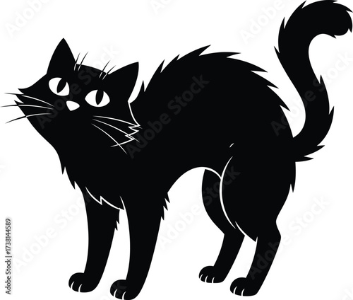 CAT, Flat vector illustration on a white background, An aggressive black cat with an arched back and tail. The silhouette is suitable for Halloween and prints.
