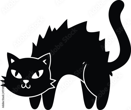 CAT, Flat vector illustration on a white background, An aggressive black cat with an arched back and tail. The silhouette is suitable for Halloween and prints.