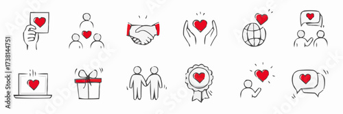 Collection of hand drawn icons representing love kindness and community