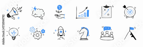 Collection of hand drawn business strategy and startup icons