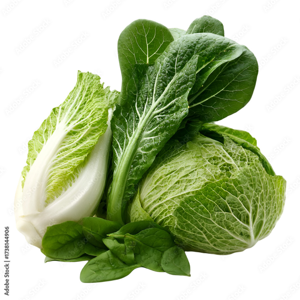 Fototapeta premium Fresh, vibrant leafy greens including cabbage and spinach stacked together, showcasing their rich textures and colors.