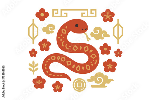 Year of the Snake 2026. Chinese New Year greeting card. Vector illustration of cute zodiac animal. Asian lunar holiday background. Flat design poster banner with lucky symbols.