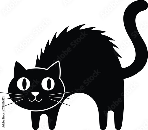 CAT, Flat vector illustration on a white background, An aggressive black cat with an arched back and tail. The silhouette is suitable for Halloween and prints.